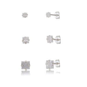 Trio Brincos Quadrado Zircônia Cristal